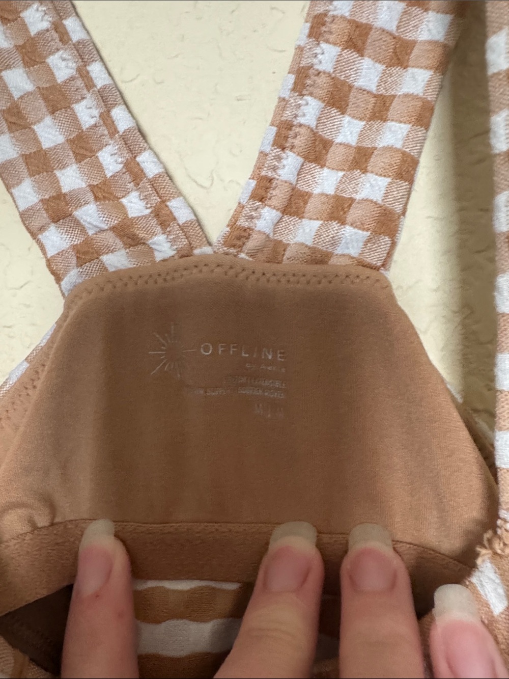 Offline by aerie Gingham Cropped Tank in Tan and White - Picture 2 of 3